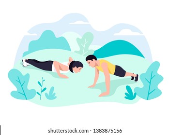 Couple doing plank exercise core workout together in park.