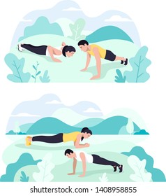Couple doing plank exercise core workout together in park.