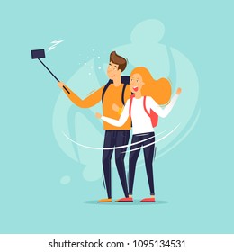 Couple doing selfie, traveling. Flat design vector illustration.