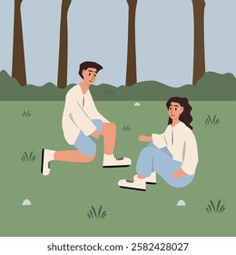 Couple doing sport in the park. People warming up. Urban park. Sport date. Cover book. 