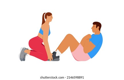 Couple doing sport and work out. Working on abs, girl assisting to do crunches. Vector illustration