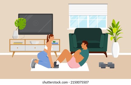 Pareja haciendo deporte y haciendo ejercicio. Trabajando con abs, chica ayudando a su novio a hacer maletas. Ilustración vectorial del interior del hogar