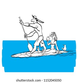 Couple doing Stand Up Paddling on Paddle Board on Water at Seaside.