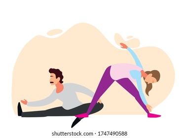 couple doing stretching and strength exercise vector illustration design