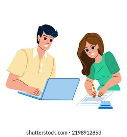 couple doing taxes vector. budget man, finance woman, laptop bill, family home computer, money paperwork couple doing taxes character. people flat cartoon illustration