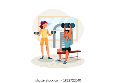 Couple doing weight lifting in the gym Vector Illustration concept. Flat illustration isolated on white background.