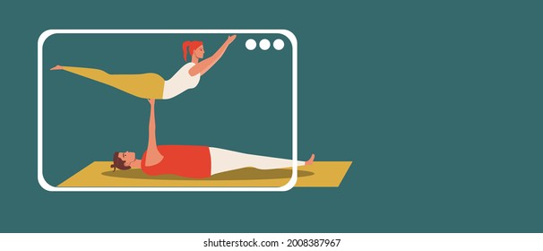 Pareja haciendo asanas de yoga, copiar plantilla de espacio. Ilustración de material vectorial plano. Par yoga. Tablet, teléfono o gadget. Ejercicios en línea. Pareja de hombre y mujer. Ilustración aislada
