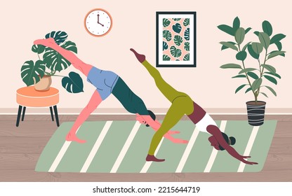 Couple doing yoga at home. Yoga exercise vector illustration. Cartoon style people doing yoga, asana pose, workout at home. Exercise together. Interior background.