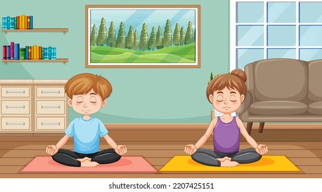 Couple Doing Yoga At Home Illustration