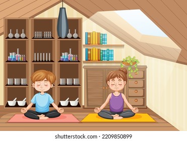 Couple Doing Yoga At Home Illustration