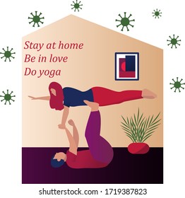 Couple doing yoga at home. Married couple do pair yoga. Stay home  on Quarantine During the Coronavirus Epidemic. Self isolation period. Vector, eps 10.