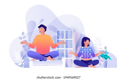 Couple doing yoga at home scene. Man and woman sitting in lotus position. Healthy lifestyle, meditation and contemplation, wellness concept. Vector illustration of people characters in flat design