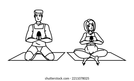 couple doing yoga line pencil drawing vector. home workout exercise, sport woman man, family health couple doing yoga character. people Illustration