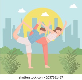 couple doing yoga in the park