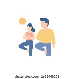 Couple doing yoga at sunrise, practicing mindfulness and harmony. Self-development and relaxation for a couple of people.