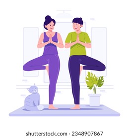 Pareja hace yoga juntos, ilustración plana