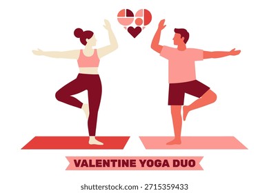 Pareja haciendo pose de árbol de yoga para el día de San Valentín, corazones por encima, estilo de vida activo y bienestar