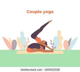 Couple doing Yoga workout. Man and woman practicing yoga together. Flat vector illustration concept banner template for website.