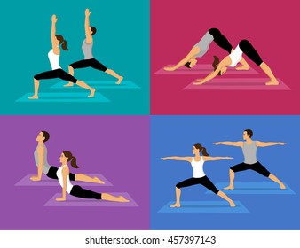 Couple doing Yoga Workout Set. man and woman in warrior one and two, upwards and downwards facing dog poses.