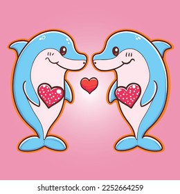 A Couple of Dolphin Jumping Like Sign and Symbol of Love, Valentines with Heart Shape in Vector