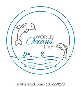 Couple of dolphins jumping above water in circle - line style world oceans day banner isolated on white background. Outline sea and ocean animals - environment vector illustration.