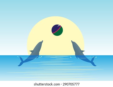  Couple of dolphins play a ball against the sun