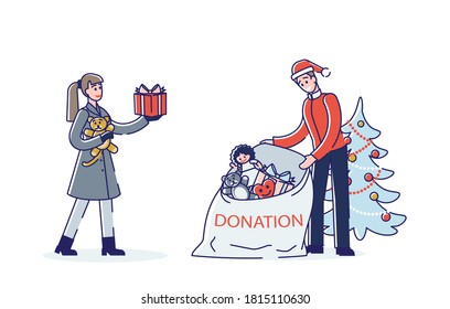 Couple donating toys and presents for christmas holidays for poor children. Kids assistance, donation, help and support concept. Cartoon linear vector illustration