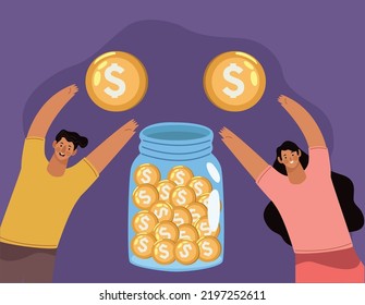 couple with donations coins characters