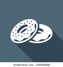 Couple donuts, side view. Icon of food. White flat icon with long shadow on blue background