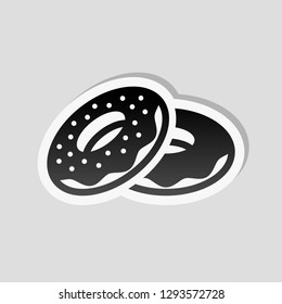 Couple donuts, side view. Icon of food. Sticker style with white border and simple shadow on gray background