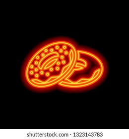 Couple donuts, side view. Icon of food. Orange neon style on black background. Light icon