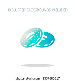 Couple donuts, side view. Icon of food. Colorful logo concept with simple shadow on white. 10 different blurred backgrounds included