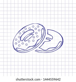 Couple donuts, side view. Icon of food. Hand drawn picture on paper sheet. Blue ink, outline sketch style. Doodle on checkered background