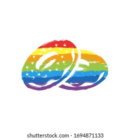 Couple donuts, side view. Icon of food. Drawing sign with LGBT style, seven colors of rainbow (red, orange, yellow, green, blue, indigo, violet