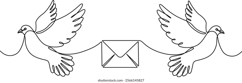 Couple dove bird with letter envelope. Continuous line drawing. Message symbol postcard concept. Handdrawn vector illustration isolated.