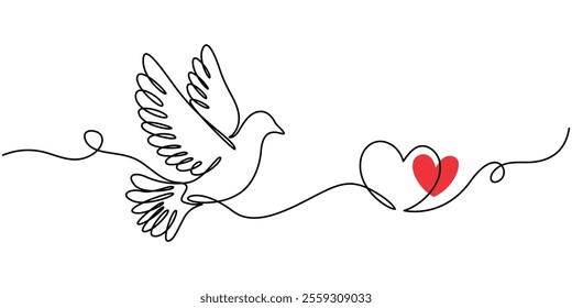 Couple of dove with love one continous line vector illustration, valentines day element design, Bird flying with heart in continuous line art drawing. One outline of dove animal. Vector illustration.