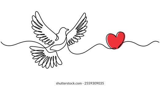 Couple of dove with love one continous line vector illustration, valentines day element design, Bird flying with heart in continuous line art drawing. One outline of dove animal. Vector illustration.