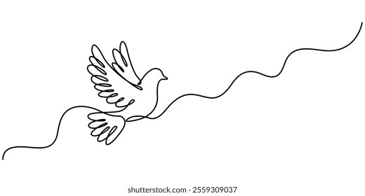 Couple of dove with love one continous line vector illustration, valentines day element design, Bird flying with heart in continuous line art drawing. One outline of dove animal. Vector illustration.