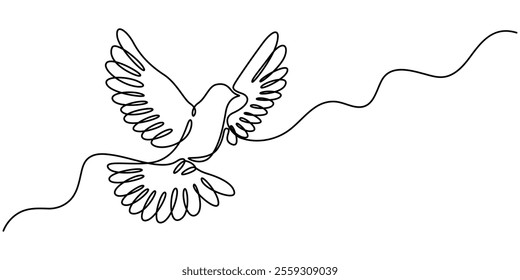 Couple of dove with love one continous line vector illustration, valentines day element design, Bird flying with heart in continuous line art drawing. One outline of dove animal. Vector illustration.