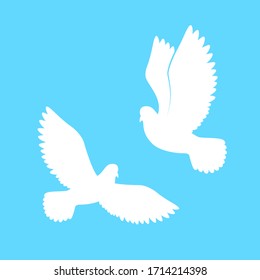 Couple of dove. Paper pigeons silhouette. White free birds in sky. Vector illustration 