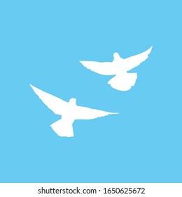 Couple of doves fly on sky symbol of freedom and hope. Silhouette of pigeons. Vector illustration