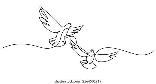 Couple of doves flying in continuous line drawing. A metaphor for peace, freedom, and unity in flight. Vector illustration one line art minimalist.
