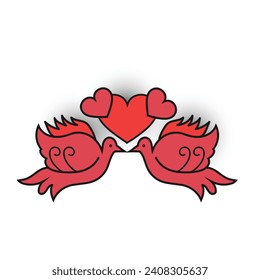 Couple of doves icon with heart. Simple editable design of line tender colourful icon for wedding. Pigeons