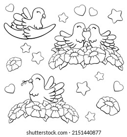 A couple of doves in love sitting in flowers. Coloring page for kids. Digital stamp. Cartoon style character. Vector illustration isolated on white background.