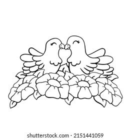 A couple of doves in love sitting in flowers.