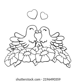 A couple of doves in love sitting in flowers. Coloring page for kids. Digital stamp. Cartoon style character. Vector illustration isolated on white background.