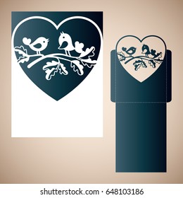 Couple of doves on an oak branch inside the heart. Vector Laser cutting template for an envelope.