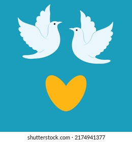 couple of doves of peace and yellow heart on blue background