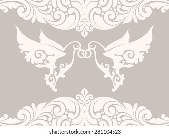 Couple  of doves with rings on background with lace pattern. Two white abstract birds. Ornamental borders elegant design element wedding invitation