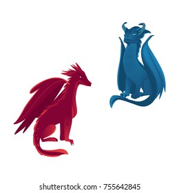 Couple of dragon characters, mythical creatures with wings and horns, flat vector illustration isolated on white background. Blue and red dragon creatures with wings, horns and long tails